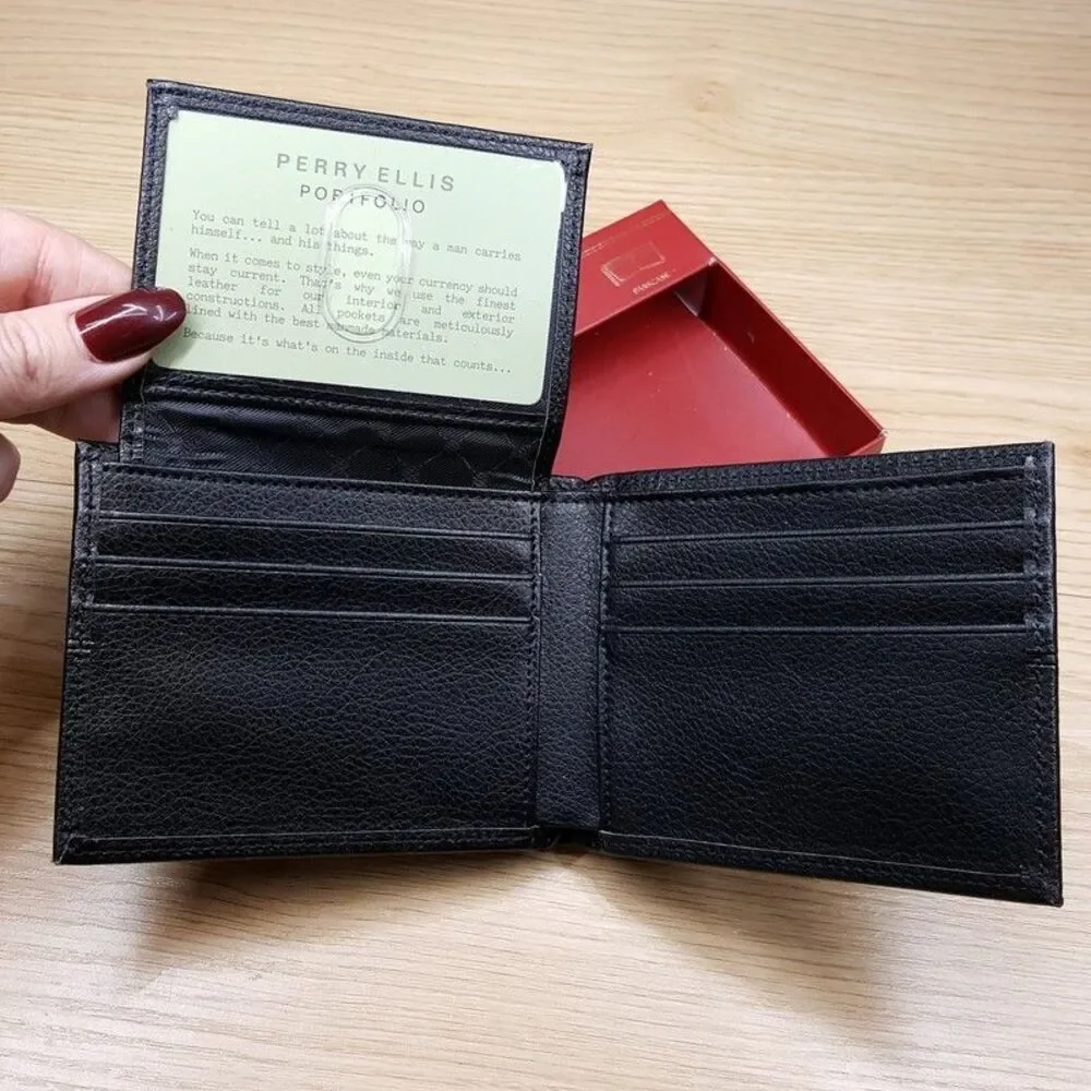 PERRY ELLIS Mens Wallet Black Leather Bifold Passcase RFID